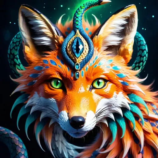 Prompt: Fantasy illustration of a fox with a cobra's head, magical ethereal essence, vibrant and otherworldly colors, intricate fur with mystical patterns, glowing eyes and snake scales, surreal and dreamlike atmosphere, high quality, fantasy, mythical creature, ethereal, vibrant colors, mystical patterns, surreal, glowing eyes, dreamlike atmosphere