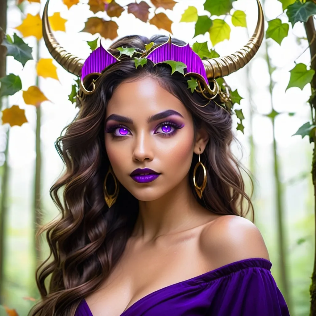 Prompt: woman in her early 20s. glowing purple eyes. large, twisted horns adorned with ivy. intricate, golden markings on her forehead. vivid purple eyeshadow extending to her eyebrows. brown lips. sharp fangs. long, wavy hair flows down around her shoulders. wearing a black, off-the-shoulder top. in a forest. in autumn