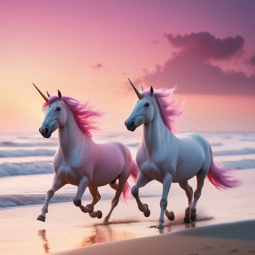 Prompt: confident group of unicorns running in the distance on a beach at sunset with pink