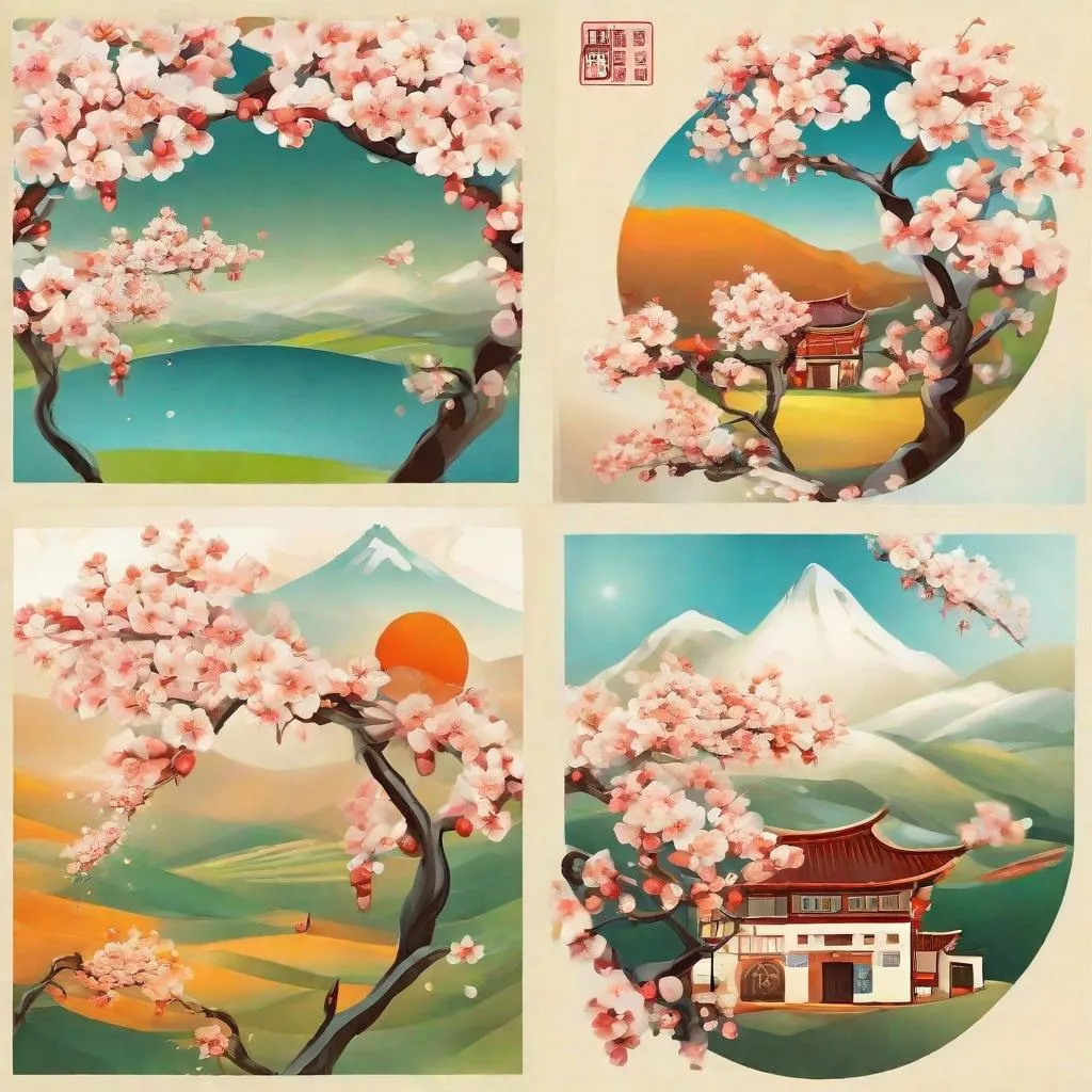 Prompt: abstraction, consciousness, village named after apricot blossoms, mascot design, three views, mascot similar to the Olympic mascot, three-dimensional and rounded, warm colors, lovely