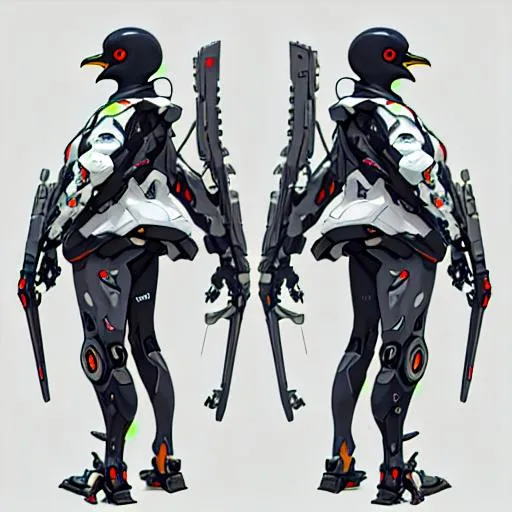 Prompt: Three views, namely the front view, the side view and the back view, maintaining consistency and unity, a futuristic penguin, geared with hi-tech weapon 