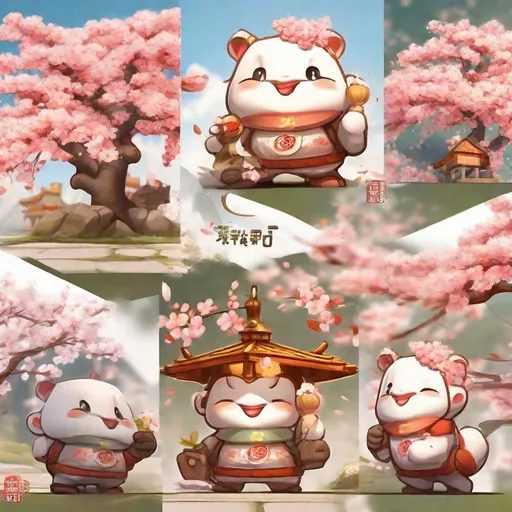 Prompt: Mascot design for a village named after apricot blossoms, three views
Mascot similar to the Olympic mascot, three-dimensional and rounded, warm colors, cute