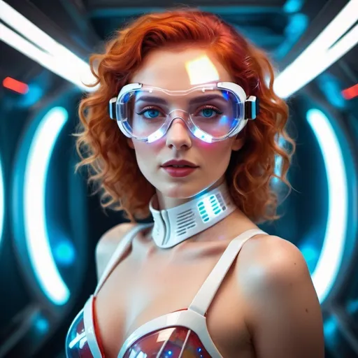 Prompt: beautiful white woman wears transparent future goggles with lights, she looking alluring in to the camera with blue eyes, she have white skin and curlie strong red colour haar and her neck is full with colorfull seams and pins, futuristic elegance plastic transparent dress with lights, cold modern background in a spaceship