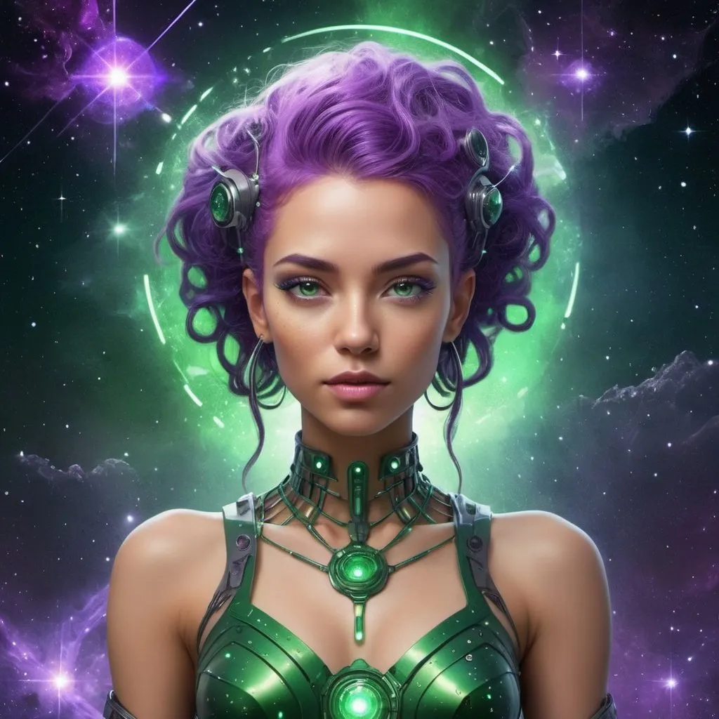 Prompt: Create a digital art portrait of a cybernetic goddess set against a stunning star cluster background, surrounded by a beautiful green dress and sporting purple hair. The image should have a fantasy element to it and be highly detailed. Please provide me with a high-resolution rendering that showcases the goddess's cybernetic features and her surroundings in a breathtaking, cosmic environment. The art style should be in the realm of digital fantasy art and should be visually stunning.