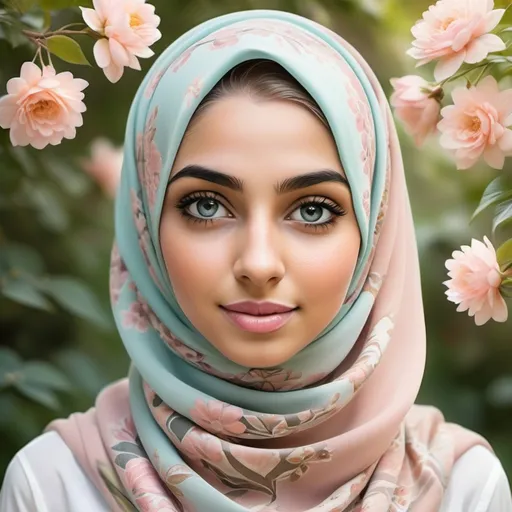 Prompt: Create a portrait of a young woman wearing a beautifully patterned hijab. The hijab should feature intricate floral designs in soft pastels, blending harmoniously with her warm skin tone. Her eyes, full of life and curiosity, should be accentuated with subtle makeup that highlights her natural beauty. Surround her with a serene background of a blossoming garden, where gentle sunlight filters through the leaves, casting a warm glow. Incorporate elements like delicate butterflies or colorful birds to enhance the feeling of tranquility and joy.