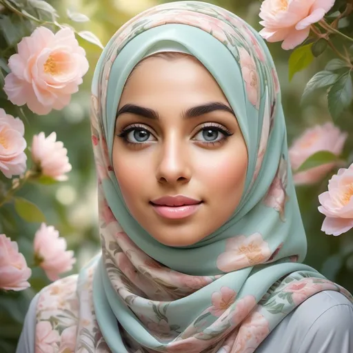 Prompt: Create a portrait of a young woman wearing a beautifully patterned hijab. The hijab should feature intricate floral designs in soft pastels, blending harmoniously with her warm skin tone. Her eyes, full of life and curiosity, should be accentuated with subtle makeup that highlights her natural beauty. Surround her with a serene background of a blossoming garden, where gentle sunlight filters through the leaves, casting a warm glow. Incorporate elements like delicate butterflies or colorful birds to enhance the feeling of tranquility and joy.