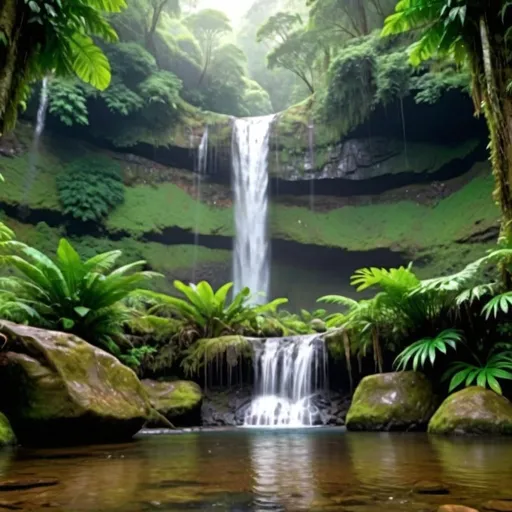 Prompt: Serene waterfall in a lush, tropical jungle, 4k, ultra-detailed, realistic, vibrant greens, cascading water with fine details, misty atmosphere, peaceful and tranquil, natural lighting, tropical paradise, high quality, detailed foliage, immersive, refreshing