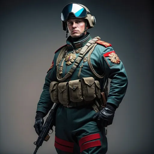 Prompt: Futuristic human Russian solder standing full height in tactical uniform that has style and colors of Russian uniform that has been used  y Russian tsar army due to war with napoleon