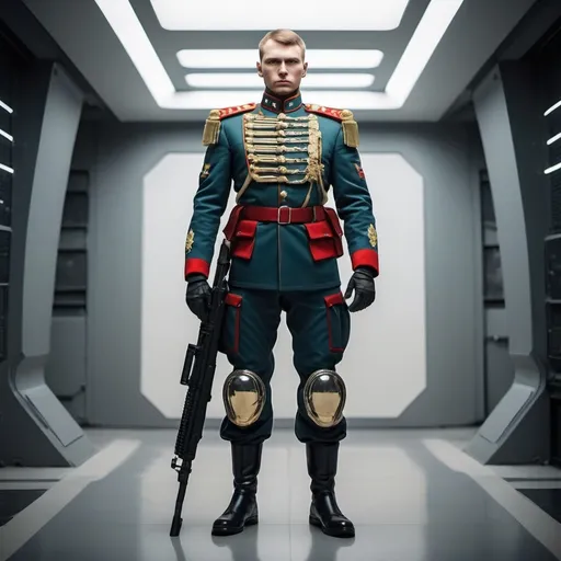 Prompt: Futuristic human Russian solder standing full height in tactical uniform that has style and colors of Russian uniform that has been used  y Russian tsar army due to war with napoleon