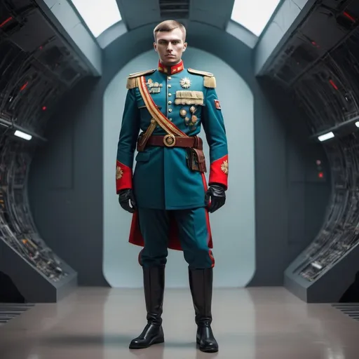 Prompt: Futuristic human Russian solder standing full height in uniform that has style and colors of Russian uniform that has been used due to Napoleonic war