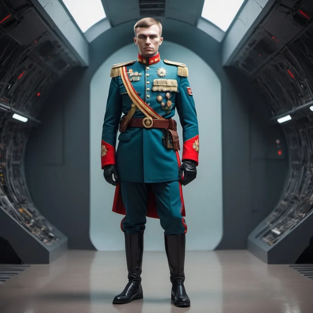 Prompt: Futuristic human Russian solder standing full height in uniform that has style and colors of Russian uniform that has been used due to Napoleonic war