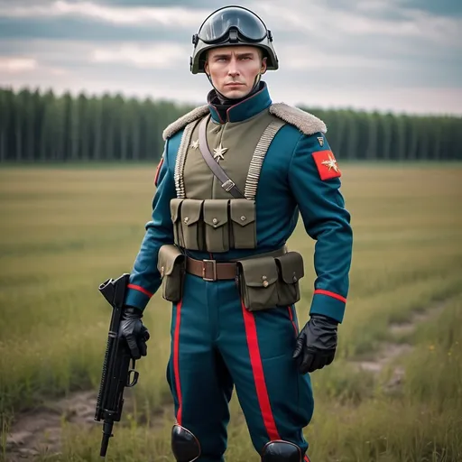 Prompt: Futuristic human Russian solder standing full height in field tactical uniform that has style and colors of Russian uniform that has been used due to Napoleonic war