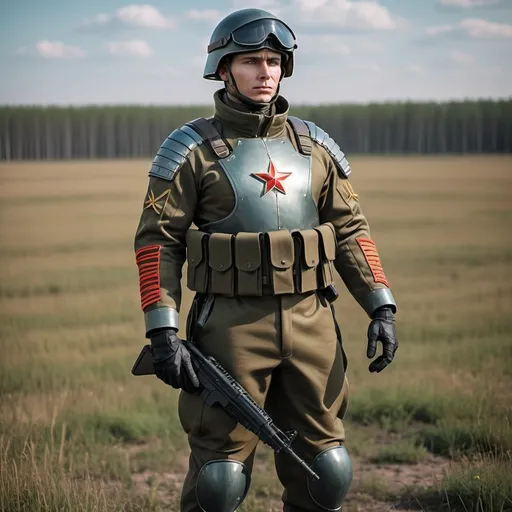 Prompt: Futuristic human Russian solder standing full height in field tactical uniform that has style and colors of Russian uniform that has been used due to Napoleonic war