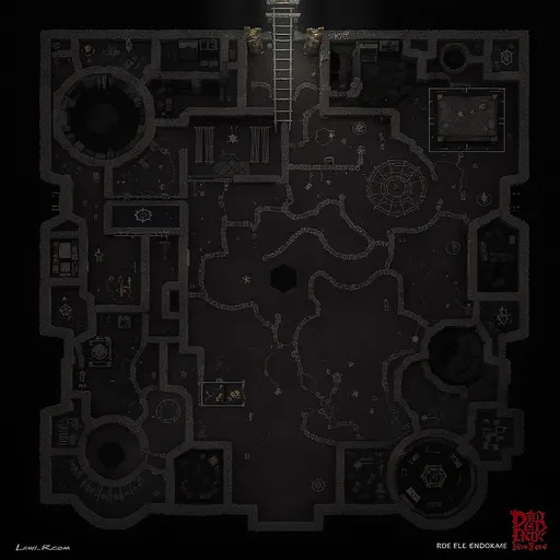 Prompt: A Dnd map with dark, labyrinthine dungeon filled with traps and hidden treasures. The enterence is from a ladder from above. I need room for a party of 5 that can fight 6 other npc's. There needs to be a back room with a large living space and a bed in it.