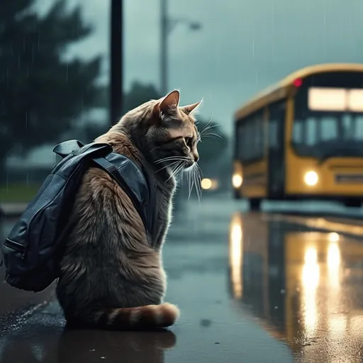 Prompt: a cat missed the bus now he is sad with his backpack at the bus stop