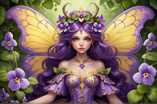 Prompt: (purple and Yellow Horned Violets), whimsical character with violets as a crown and sleeves, enchanting and magical atmosphere, vibrant colors, delicate wings shimmering in the light, intricate details on the fairy attire, surrounded by lush green foliage, dreamy background with soft glow, capturing a sense of wonder and fantasy, (ultra-detailed), perfect for storytelling themes.