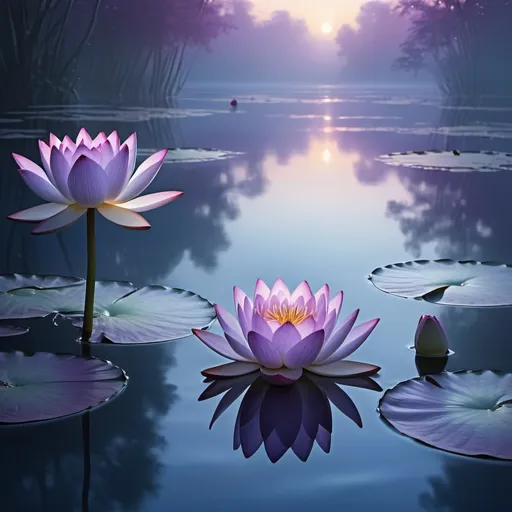 Prompt: ethereal water lily and lotus, (spiritual symbolism), misty ambiance, serene atmosphere, twilight shades of blue and purple, layers of soft light, evocative contrasts, enchanting reflections on the water's surface, dreamlike background of gentle ripples, harmonious and haunting essence, ultra-detailed, high quality.