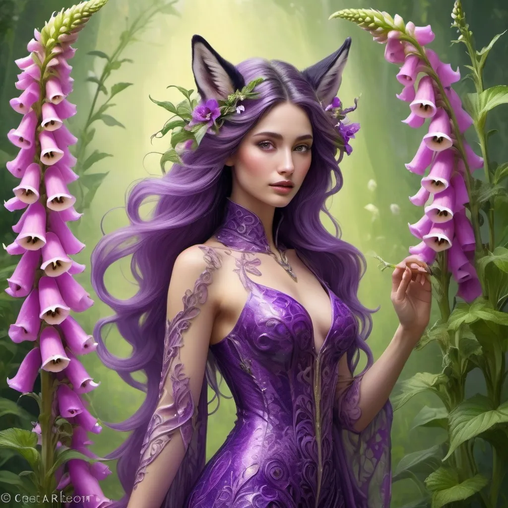Prompt: (fantasy character) inspired by purple Digitalis purpurea foxgloves have tubular purple flowers with light yellow interiors., intricate floral patterns in clothing, graceful pose with flowing petals as hair, magical ambiance, soft shimmering light illuminating the scene, lush green background accentuating the character's beauty, ultra-detailed botanical enhancements, enchanting atmosphere, (masterpiece art).