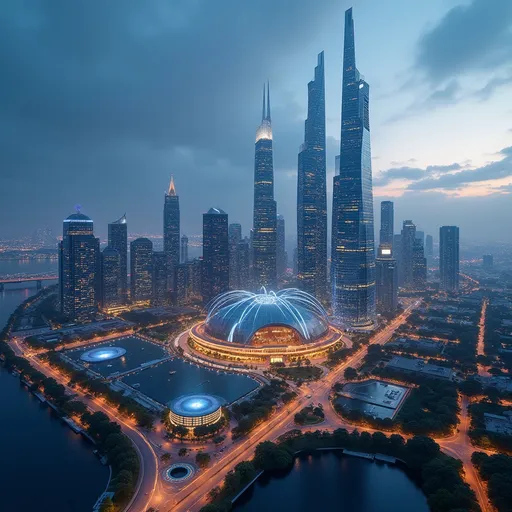 Prompt: A design of the New Administrative Capital featuring the sea, skyscrapers, lights, and companies.