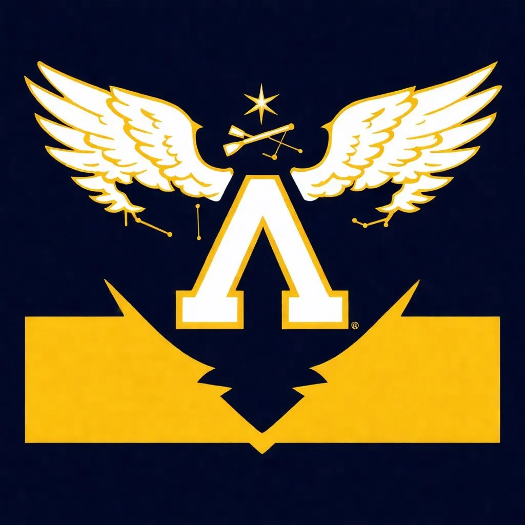 Prompt: Create an asymmetric logo for a fictional college football team using primarily navy blue, with accents of mustard yellow and white colors. Use imagery of an angry archangel, make the capital letter A central in the image, include the big dipper star constellation