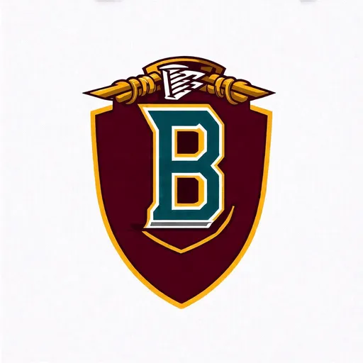 Prompt: Create an asymmetric logo for a fictional college football team using teal, gold, and rust red colors. Use a roman shield and fasces, do not show people, make the capital letter B central in the image, make suitable for side of football helmet 