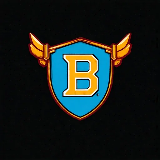 Prompt: Create an asymmetric logo for a fictional college football team using light blue, gold, and rust red colors. Use a roman shield and fasces, do not show people, make the capital letter B central in the image, make suitable for side of football helmet 