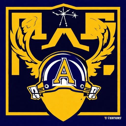 Prompt: Create an asymmetric logo for a fictional college football team using navy blue, mustard yellow, and white colors. Use powerful warrior angel imagery, make the capital letter A central in the image, include the big dipper star constellation, make suitable for side of football helmet 