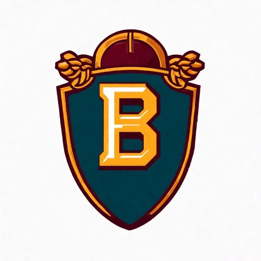 Prompt: Create an asymmetric logo for a fictional college football team using ocean teal, gold, and rust red colors. Use a roman shield and fasces, do not show people, make the capital letter B central in the image, make suitable for side of football helmet 