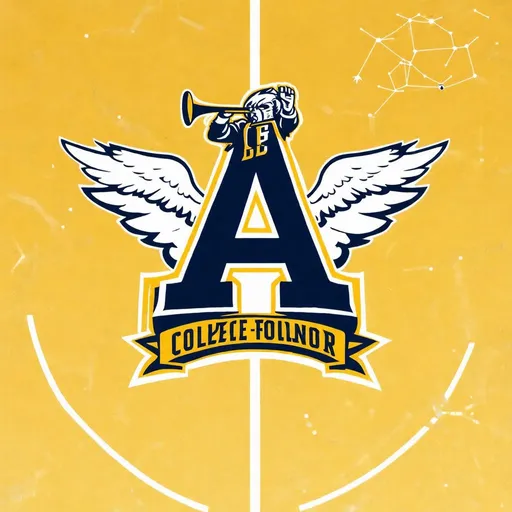 Prompt: Create an asymmetric logo for a fictional college football team using primarily navy blue, with accents of mustard yellow and white colors. Include a fierce angel with a trumpet, make the capital letter A central in the image, include the star constellation ursa major