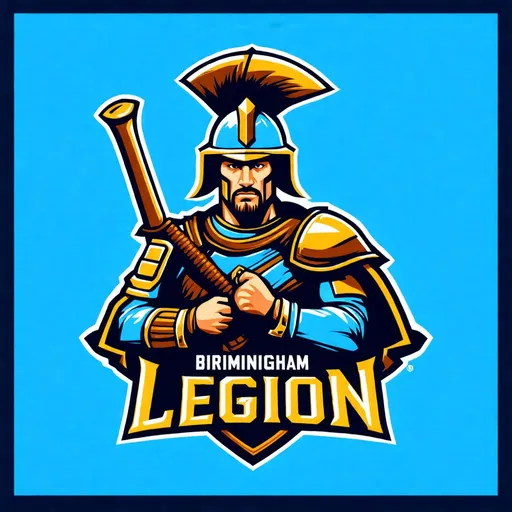 Prompt: Create logo for fictional college sports team called Birmingham Legion using light blue, gold, and rust Use roman soldier imagery