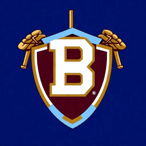 Prompt: Create an asymmetric logo for a fictional college football team using light blue, gold, and rust red colors. Use a roman shield and fasces, do not show people, make the capital letter B central in the image, make suitable for side of football helmet 