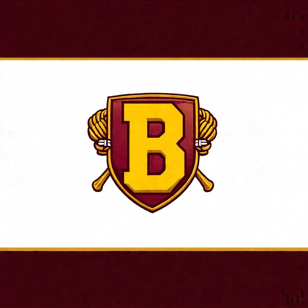 Prompt: Create an asymmetric logo for a fictional college football team using color pms 3145, gold, and rust red colors. Use a roman shield and fasces, do not show people, make the capital letter B central in the image, make suitable for side of football helmet 