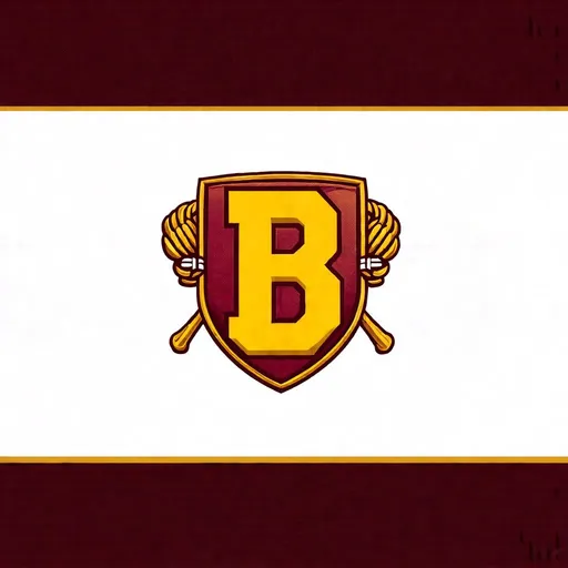 Prompt: Create an asymmetric logo for a fictional college football team using color pms 3145, gold, and rust red colors. Use a roman shield and fasces, do not show people, make the capital letter B central in the image, make suitable for side of football helmet 