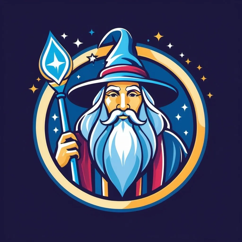 Prompt: Sports logo of a magical wizard in three colors with a roughly elliptical shape