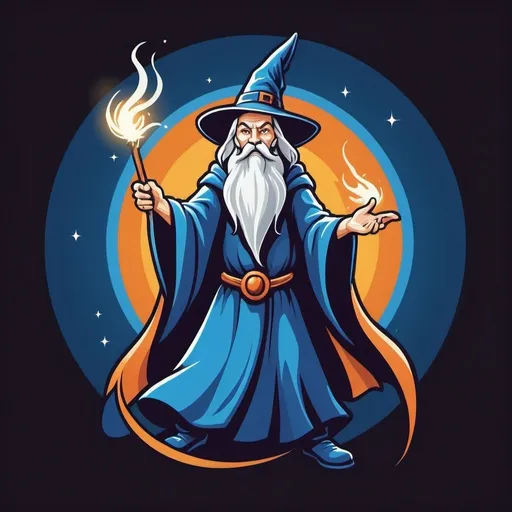 Prompt: Sports logo of a magical wizard casting a spell, facing right, with arms extended, three colors only, with a roughly elliptical shape