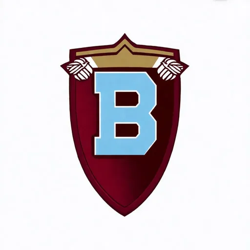 Prompt: Create an asymmetric logo for a fictional college football team using light blue, gold, and rust red colors. Use a roman shield and fasces, do not show people, make the capital letter B central in the image, make suitable for side of football helmet 