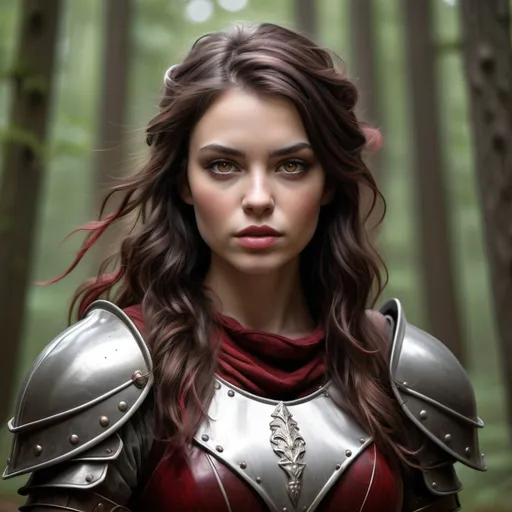 Prompt: Make me a warrior woman, white skin, dark brown wavy hair with red highlights, realistic, pleasant look, hazel eyes, walking in a forest with armor on, with a straight face