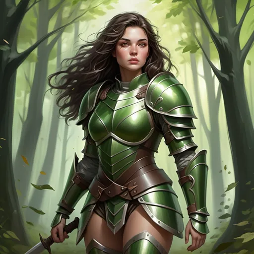 Prompt: Make me a warrior woman, white skin, dark brown wavy hair with green highlights in hair, realistic, pleasant look, hazel eyes, walking in a forest with green armor on, with a straight face, with leaves in hair, a tiny bit of blush,