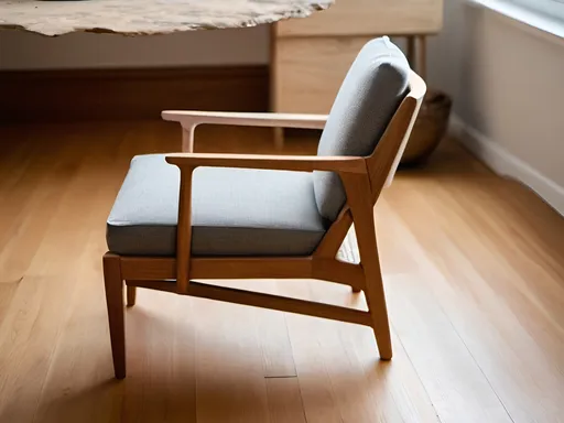 Prompt: side view of scandinavian style wood chair with upholstered seat ane back cushion
