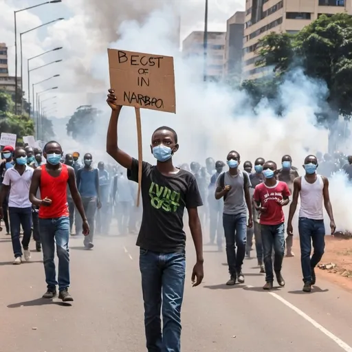 Prompt: A picture of young protestors amidst tear gas with placards protesting against high cost of living in Nairobi with placards 