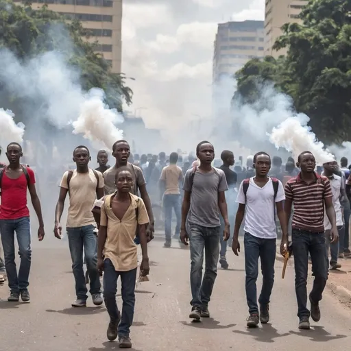 Prompt: A picture of young protestors amidst tear gas with placards protesting against high cost of living in Nairobi