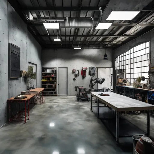Prompt: improvised space to teach courses, installed in a small industrial warehouse, gable structure, with fiberglass sheet ceilings where light enters overhead, metal structure with concret blocks walls. The floor is polished concrete texture matte finish, the floor looks old and a little dirty with oil and ink. In the back there are simple wooden shelfs with  supplies tattoo and multiple machines gun for tattoo. realistic.