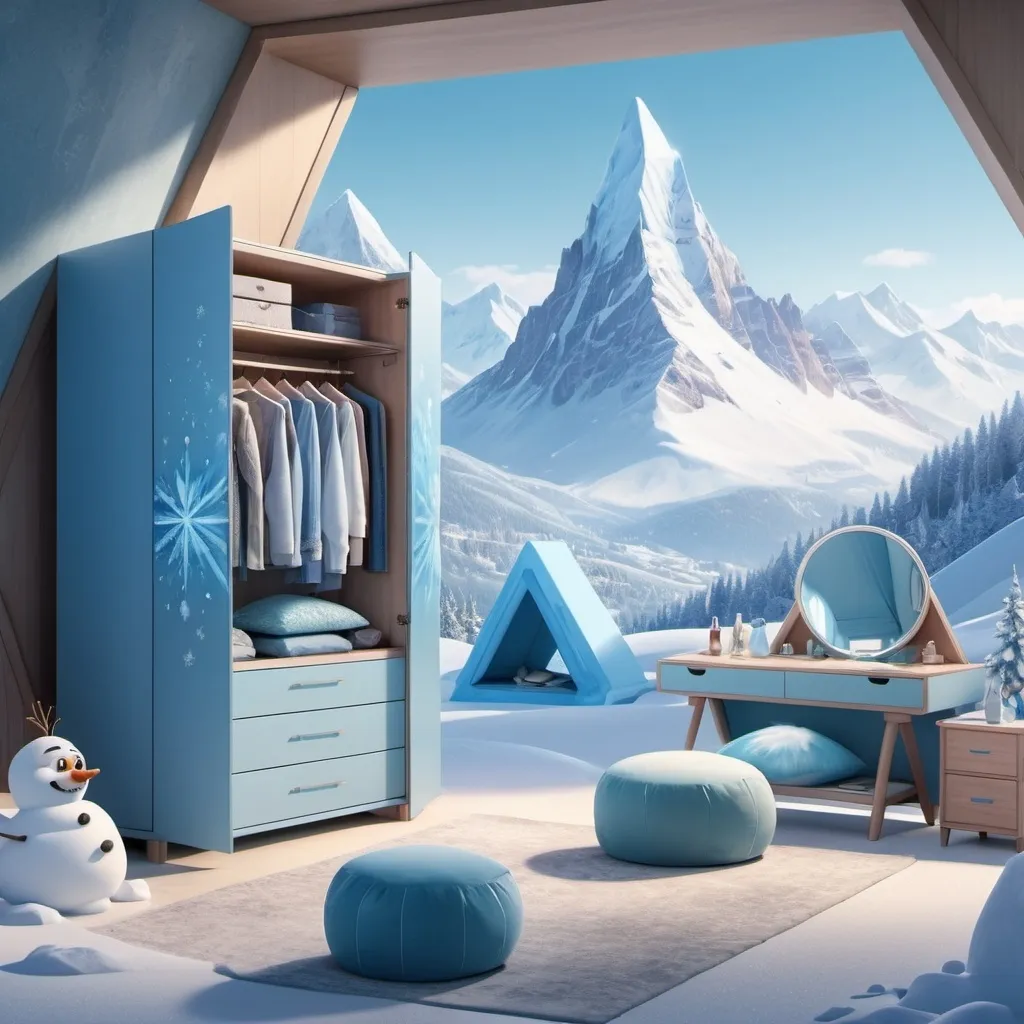 Prompt: (wardrobe with two drawers), (sleek modern design), (blue color palette) featuring Elsa and Anna, dressing table, dynamic moving chair, two triangle-shaped bean bags, set on top of a cool mountain, accented with ice-themed elements, serene atmosphere, soft sunlight illuminating the scene, pristine background of snow, (4K), ultra-detailed, whimsical and enchanting vibe.