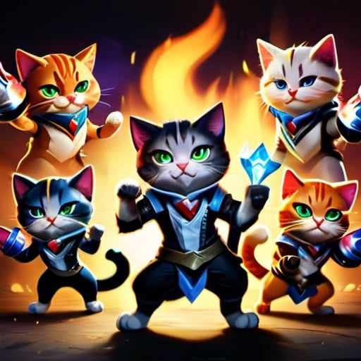 Prompt: League of Legends champions as cats, TeamLogo , Cats Fighting , Backround Fire , Fice Cats