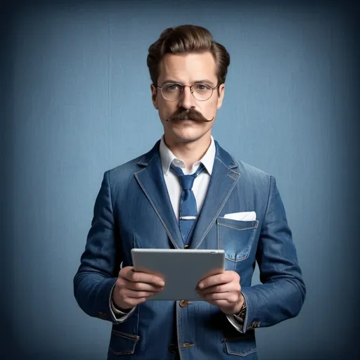 Prompt: Illistrator is a mustachioed man in a denim suit who has a tablet in his hand, and the wallpaper of the tablet is a photo of a glass.