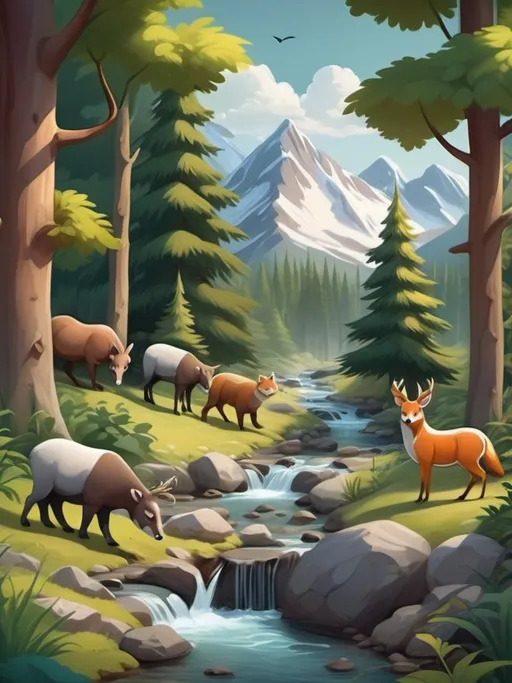 Prompt: Create a scene of a forest with mountains and a stream, featuring animals in the woods.