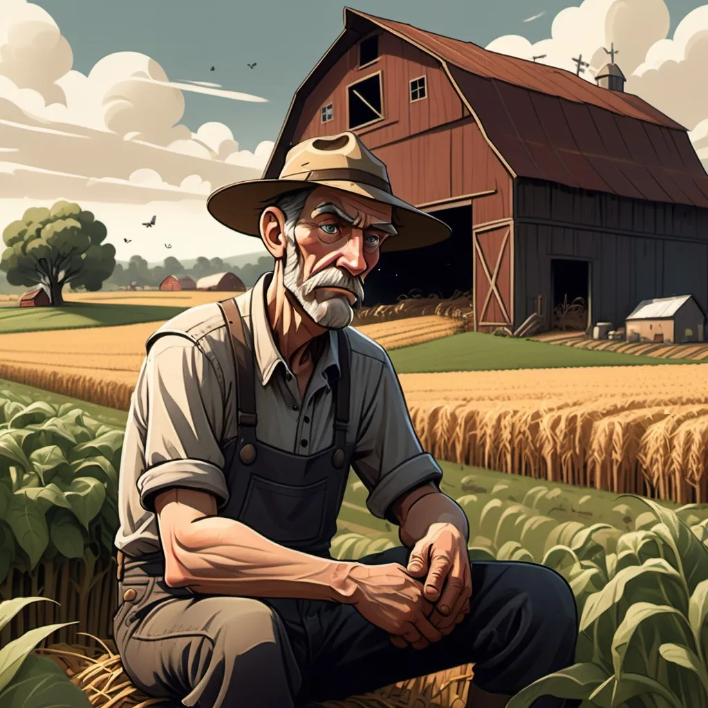 Prompt: (sad farmer cartoon), expressive character design, exaggerated facial features, sitting thoughtfully, (farm background), lush greenery, wilted crops, cloudy sky, melancholic atmosphere, detailed barn in the distance, subtle earth tones, warm lighting, nostalgic vibe, ultra-detailed, HD.