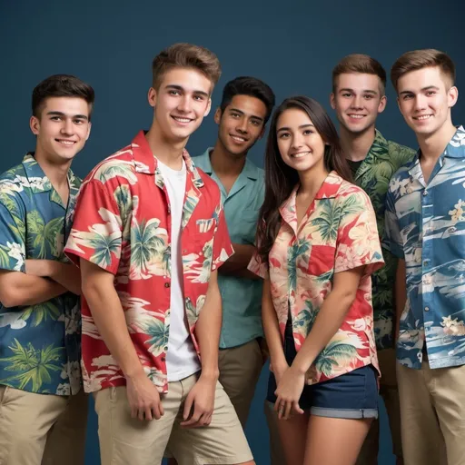 Prompt: A team of college students wearing Hawaiian shirts. They are taken as like the first page of a magazine. The background and their outfit need to be in dark color. The photo needs to be like human being, not AI.
