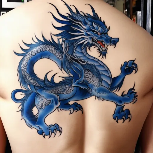 Prompt: Blue dragon wolf tattoo, asian style, tattoo on back