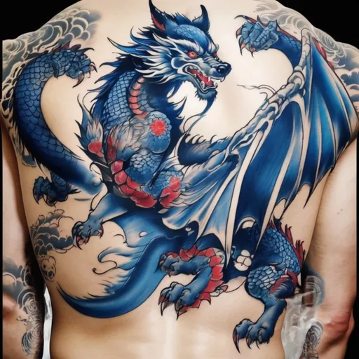 Prompt: Japanese yakuza Back tattoo, Blue Dragon style Wolf. Muscled back